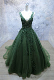 Glam Dark Green V-Neckline Lace Applique Low Back Party Dress, Green Tulle Prom Dress