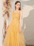 Light Yellow Tulle Straps Beaded Long Party Dress, Yellow A-line Prom Dress