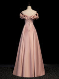 Pink Satin Off Shoulder A-line Prom Dress, Pink Floor Length Party Dress