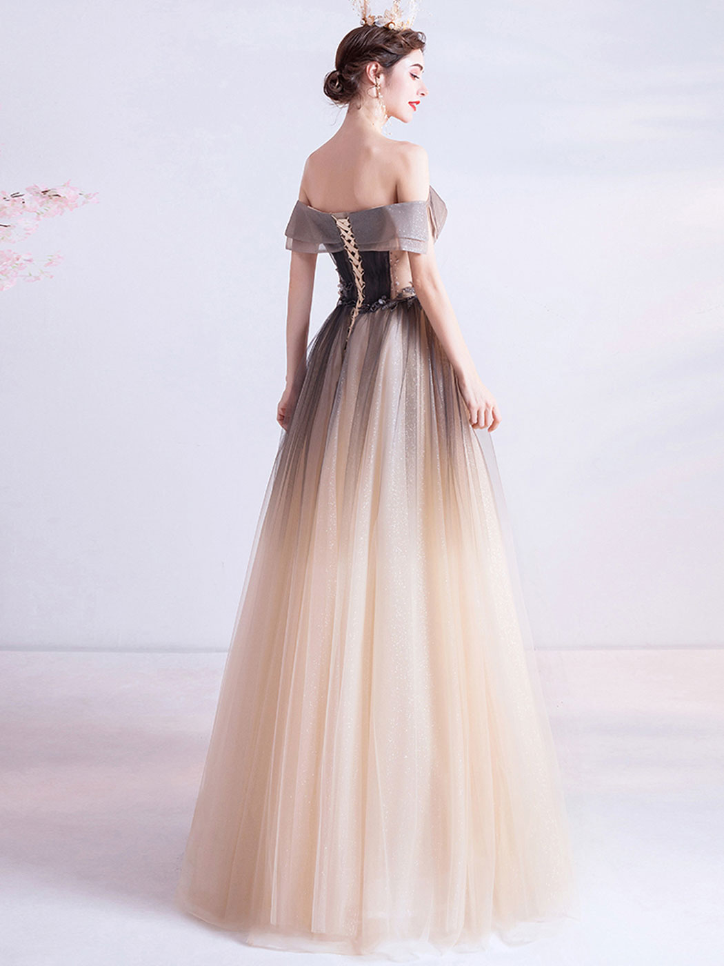 Champagne A-line Tulle Long Party Dress Formal Dress, Off Shoulder Champagne Prom Dress