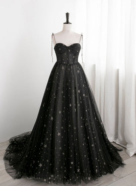 Blavk Sweetheart Straps A-line Long Tulle Prom Dress, Black Evening Party Dress