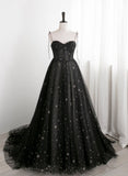 Blavk Sweetheart Straps A-line Long Tulle Prom Dress, Black Evening Party Dress