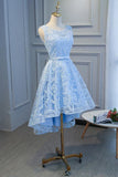 Blue Lace High Low Simple Round Neckline Party Dress, Blue Short Prom Dress