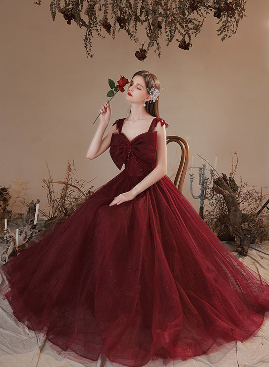 Wine Red Tulle Long Prom Dress with Bow, Wine Red Evening Dress Party Dress