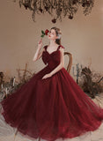 Wine Red Tulle Long Prom Dress with Bow, Wine Red Evening Dress Party Dress