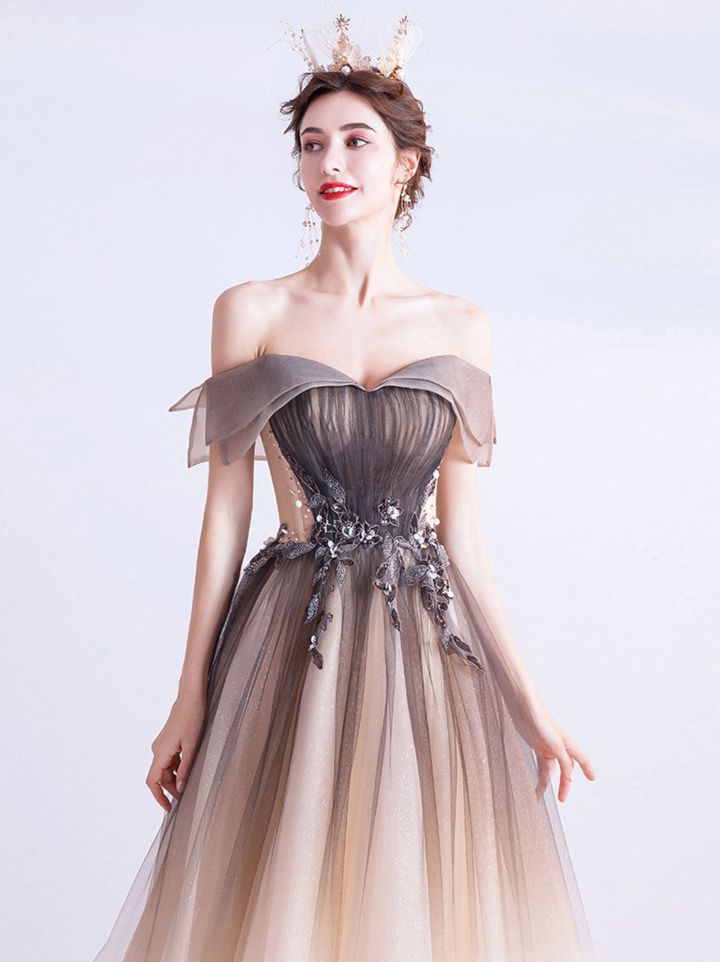 Champagne A-line Tulle Long Party Dress Formal Dress, Off Shoulder Champagne Prom Dress