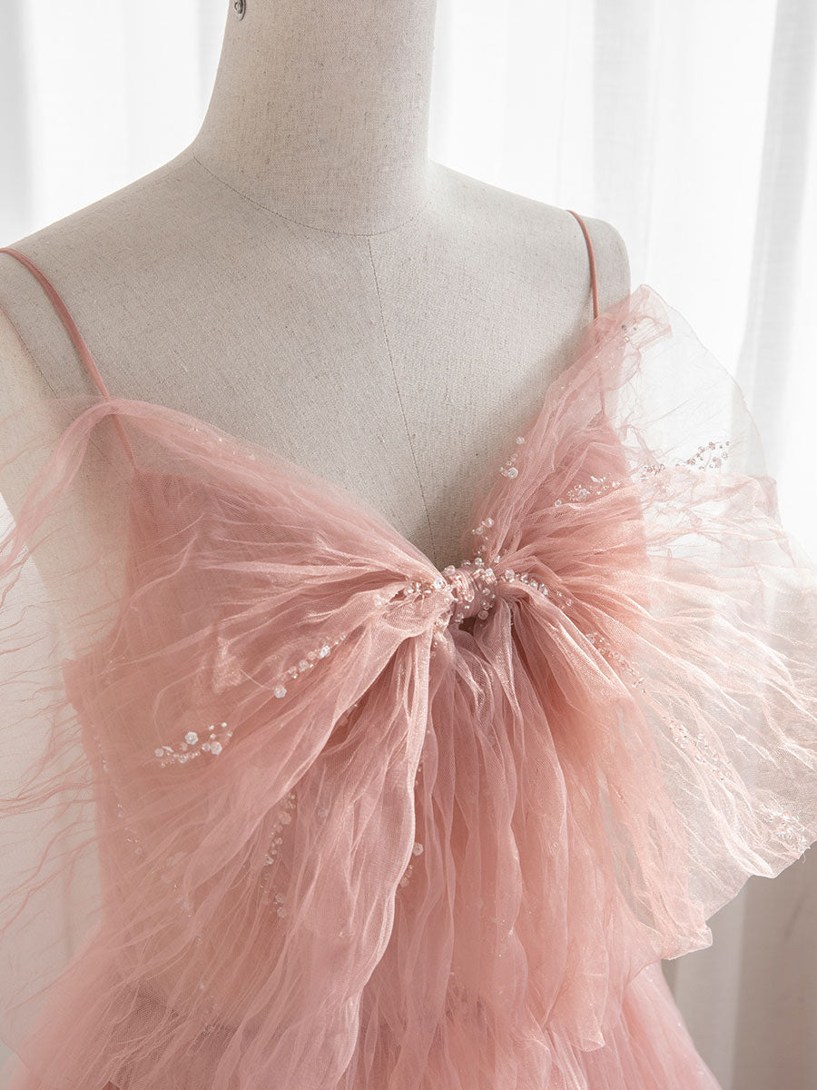 Pink Fashionable Sweetheart Long Tulle Prom Dress, A-line Pink Party Dress