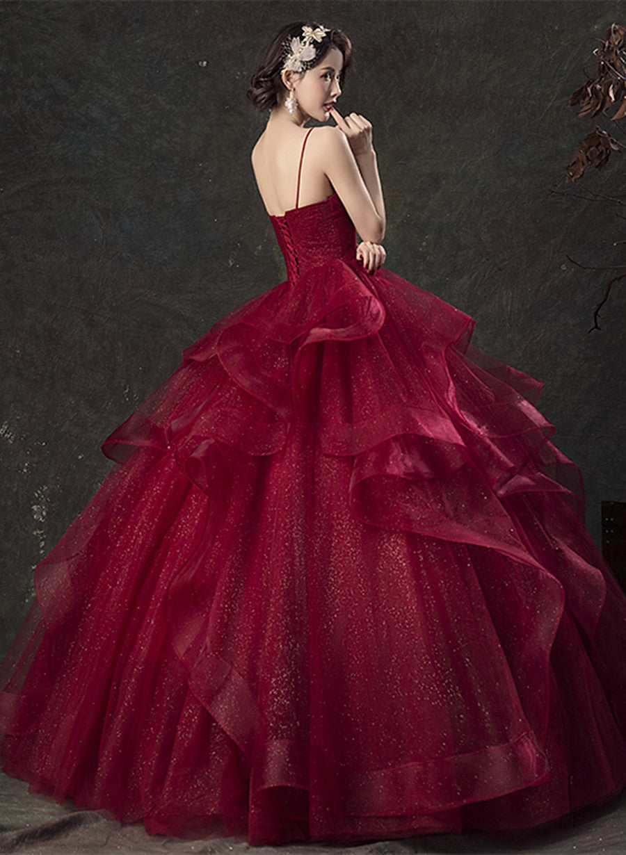 Burgundy V-neckline Straps Tulle Ball Gown Formal Dress, Burgundy Long Prom Dress