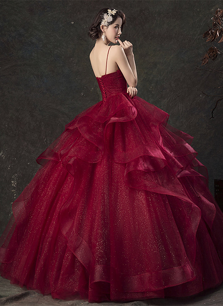 Burgundy Halter Ruffles Ball Dress with Slit