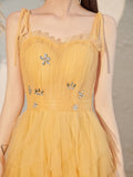 Light Yellow Tulle Straps Beaded Long Party Dress, Yellow A-line Prom Dress