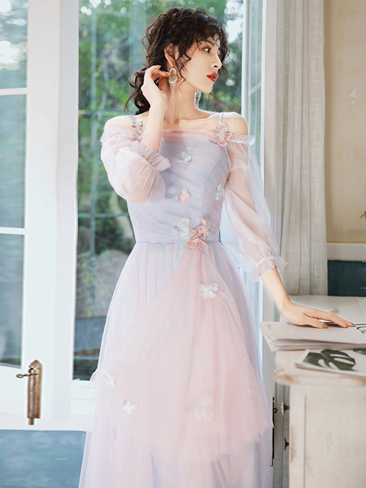 Lovely Pink and Blue Tulle Straps Long Party Dress, Tulle Wedding Party Dress