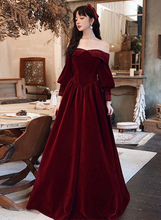 Burgundy Velvet Long Sleeves Beaded Prom Dress, Sweetheart Long Formal Dress