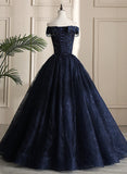 Glam Navy Blue Lace Ball Gown Sweet 16 Dress, Blue Long Wedding Party Dress