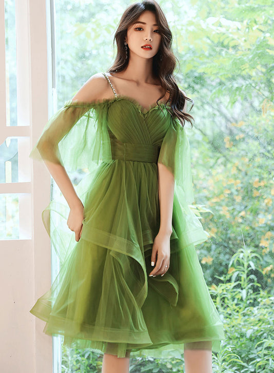 Green Tulle Straps Knee Length Homecoming Dress, Green Tulle Short Prom Dress