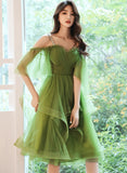 Green Tulle Straps Knee Length Homecoming Dress, Green Tulle Short Prom Dress