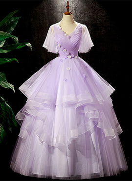 Lavender Tulle V-neckline Party Dress, Tulle Lavender Sweet 16 Formal Dress