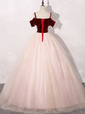 Pink and Wine Red Velvet and Tulle Party Dress, Ball Gown Formal Dress with Lace Applique