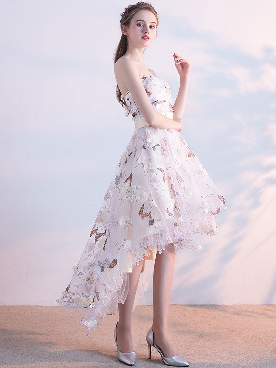 High Low Ivory Scoop Floral Tulle Party Dress, High Low Homecoming Dress