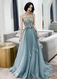 A-line Blue Tulle with Lace Floor Length Prom Dress, Straps Long Party Dress