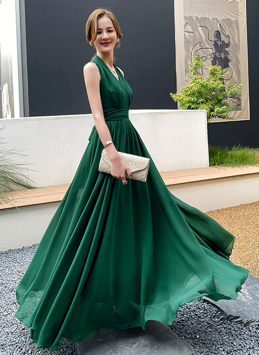 Green Chiffon Long Wedding Party Dress, Green V-neckline Prom Dress