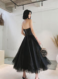 Black Tulle Tea Length Simple Homecoming Dress, Black Short Prom Dress