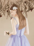 Lavender Tulle V-neckline Long Party Dress with Lace, A-line Tulle Prom Dress