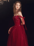 Pretty Wine Red Beaded Long A-Line Prom Dress, Wine Red Straps Party Dress