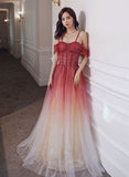 Lovely Gradient Beaded Straps Long Formal Dress, A-line Gradient Prom Dress