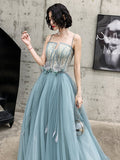 A-line Blue Tulle with Lace Floor Length Prom Dress, Straps Long Party Dress