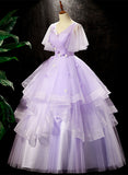 Lavender Tulle V-neckline Party Dress, Tulle Lavender Sweet 16 Formal Dress