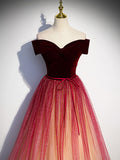 Wine Red Velvet and Tulle Off Shoulder Long Party Dress, Wine Red Junior Prom Dress