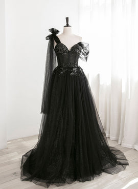 Black One Shoulder Tulle and Sequins Long Party Dress, Black Formal Dress