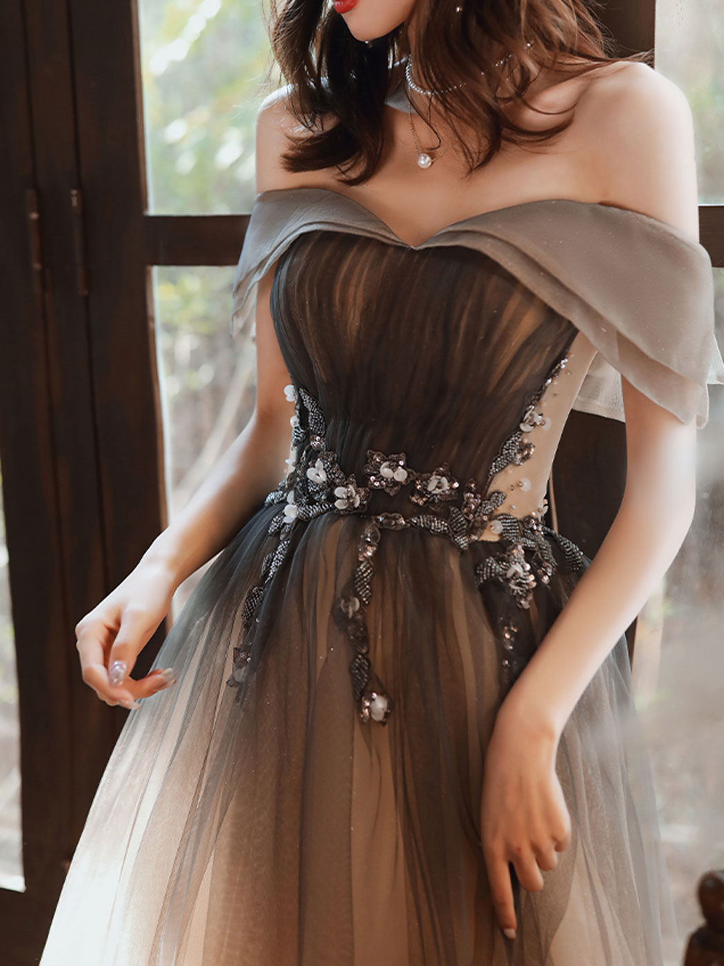 Gradient Tulle Lace Long Formal Dress, Off Shoulder A-line Prom Dress