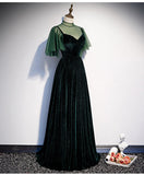 Dark Green Tulle and Velvet High Neckline Bridesmaid Dress, A-line Long Party Dress