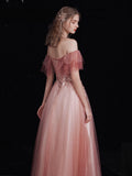 Off Shoulder Lace Applique Long Party Dress, Pink Tulle Prom Dress