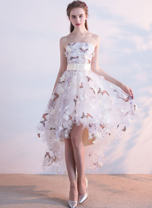 High Low Ivory Scoop Floral Tulle Party Dress, High Low Homecoming Dress