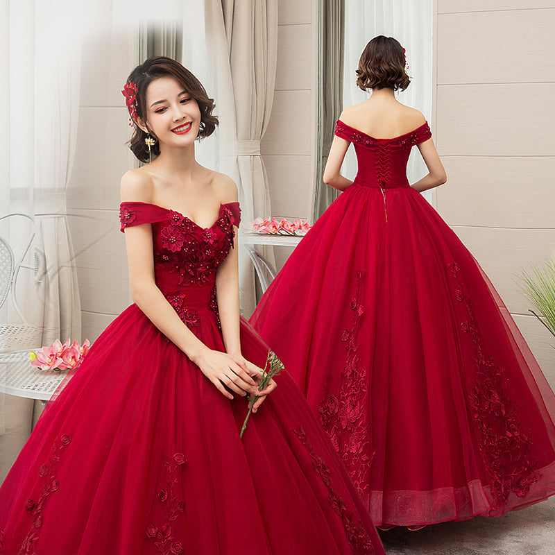 Burgundy Sweetheart Ball Gown Flowers Tulle Sweet 16 Dress, Burgundy Prom Dress