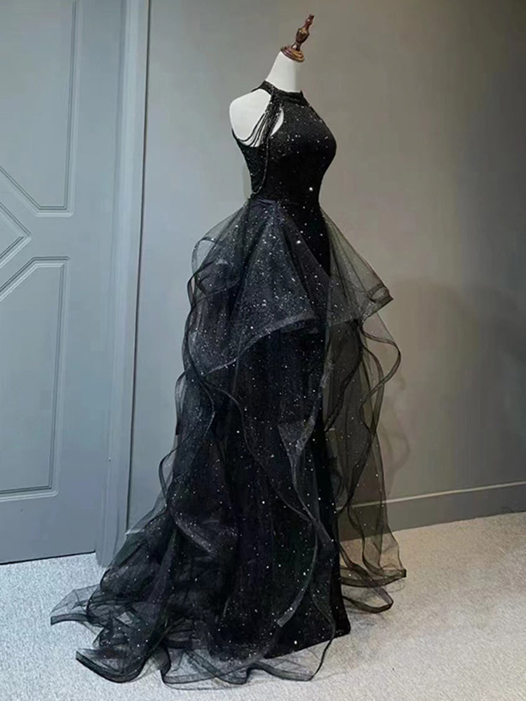 Black Halter Tulle Beaded and Sequins A-line Party Dress, Black Tulle Prom Dress Evening Dress