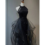 High Neckline Black Halter Shiny Tulle and Sequins Party Dress, Black Tulle Prom Dress