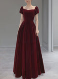 Wine Red Velvet Floor Length Wedding Party Dress, Short Sleeves Prom Dress