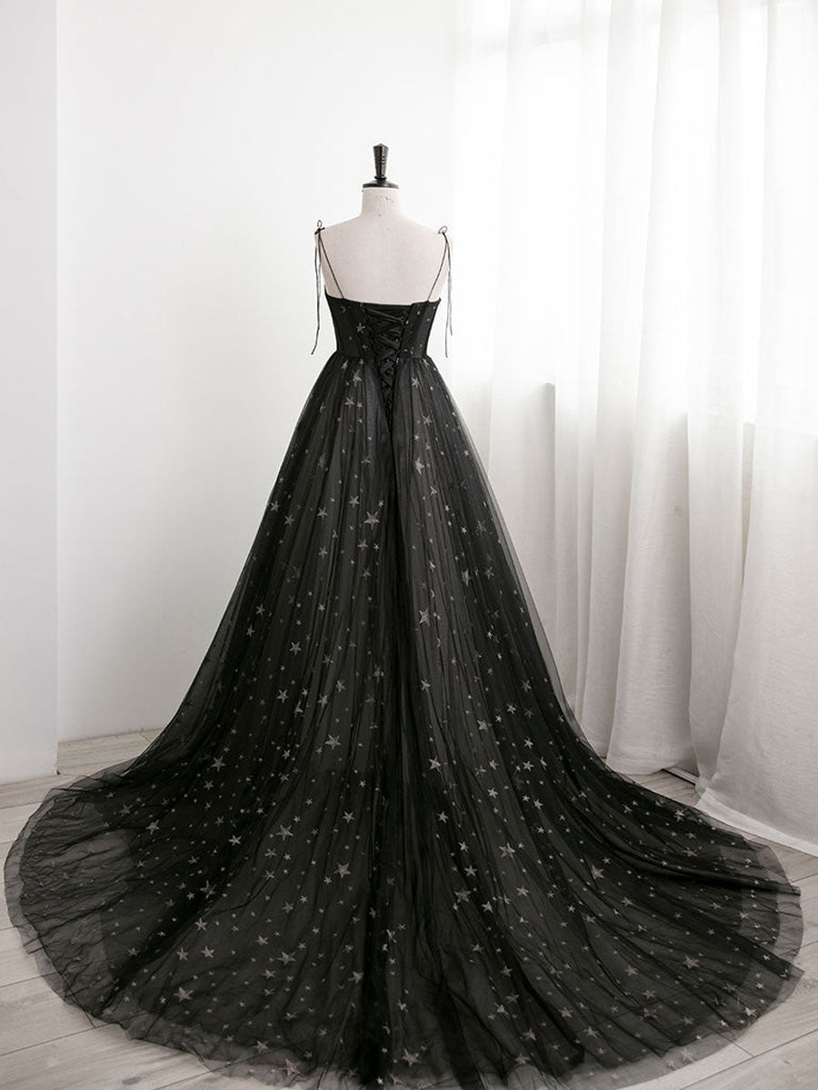 Blavk Sweetheart Straps A-line Long Tulle Prom Dress, Black Evening Party Dress