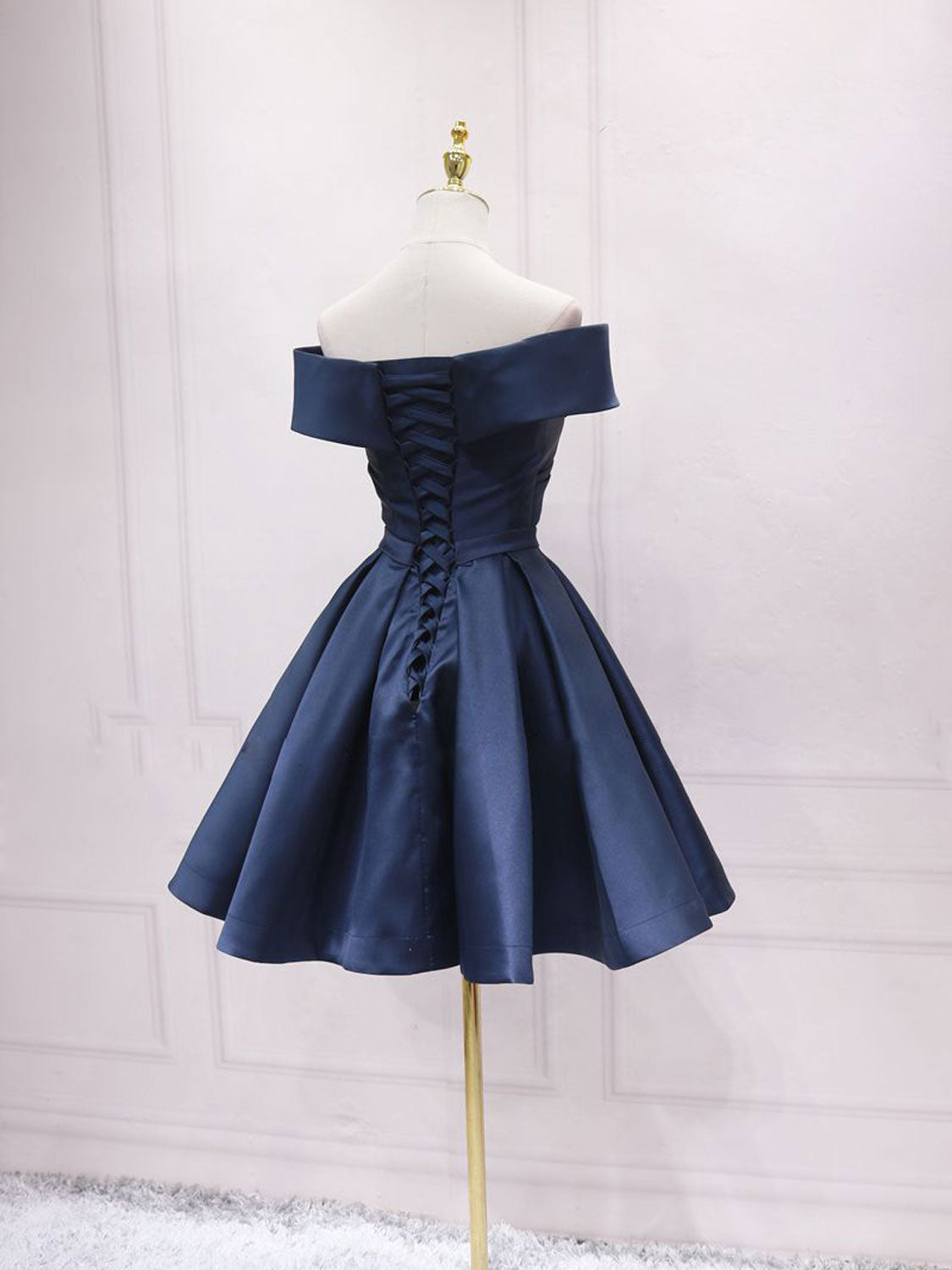 Navy Blue Satin Off Shoulder Short Graduation Dress, Blue Satin Prom D Formaldressy Navy Blue Satin Off Shoulder Short Graduation Dress, Blue Satin Prom D Formaldressy