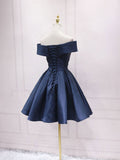 Navy Blue Satin Off Shoulder Short Graduation Dress, Blue Satin Prom Dress