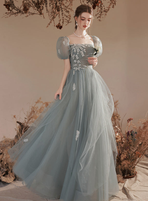 A-line Tulle Long Formal Dress with Lace, Elegant Green Prom Dress