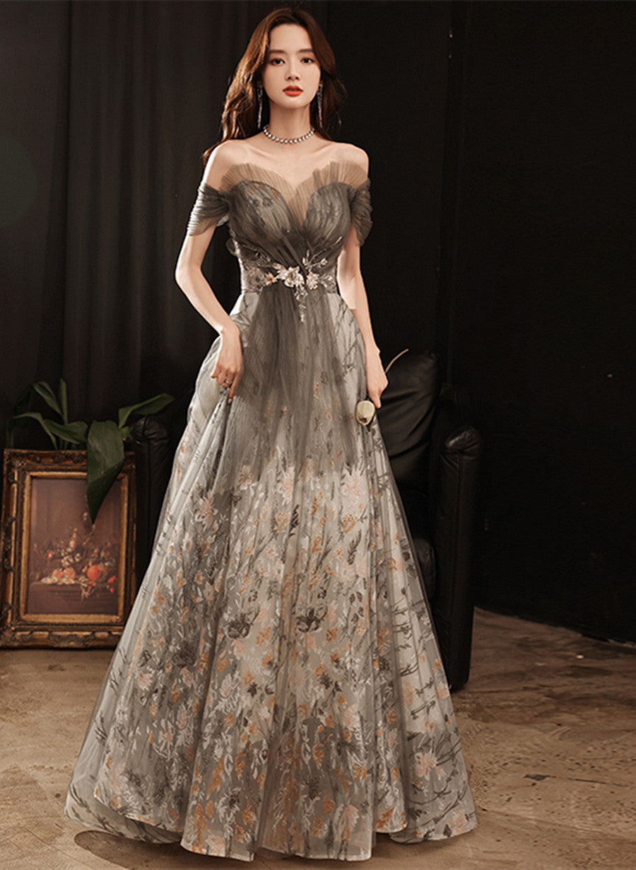 Grey Tulle A-line Long Party Dress with Lace, Grey Off Shoulder Prom Dress