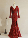 Wine Red Sequins Mermaid Long Sleeves Party Dress, Wine Red Long Prom Dress