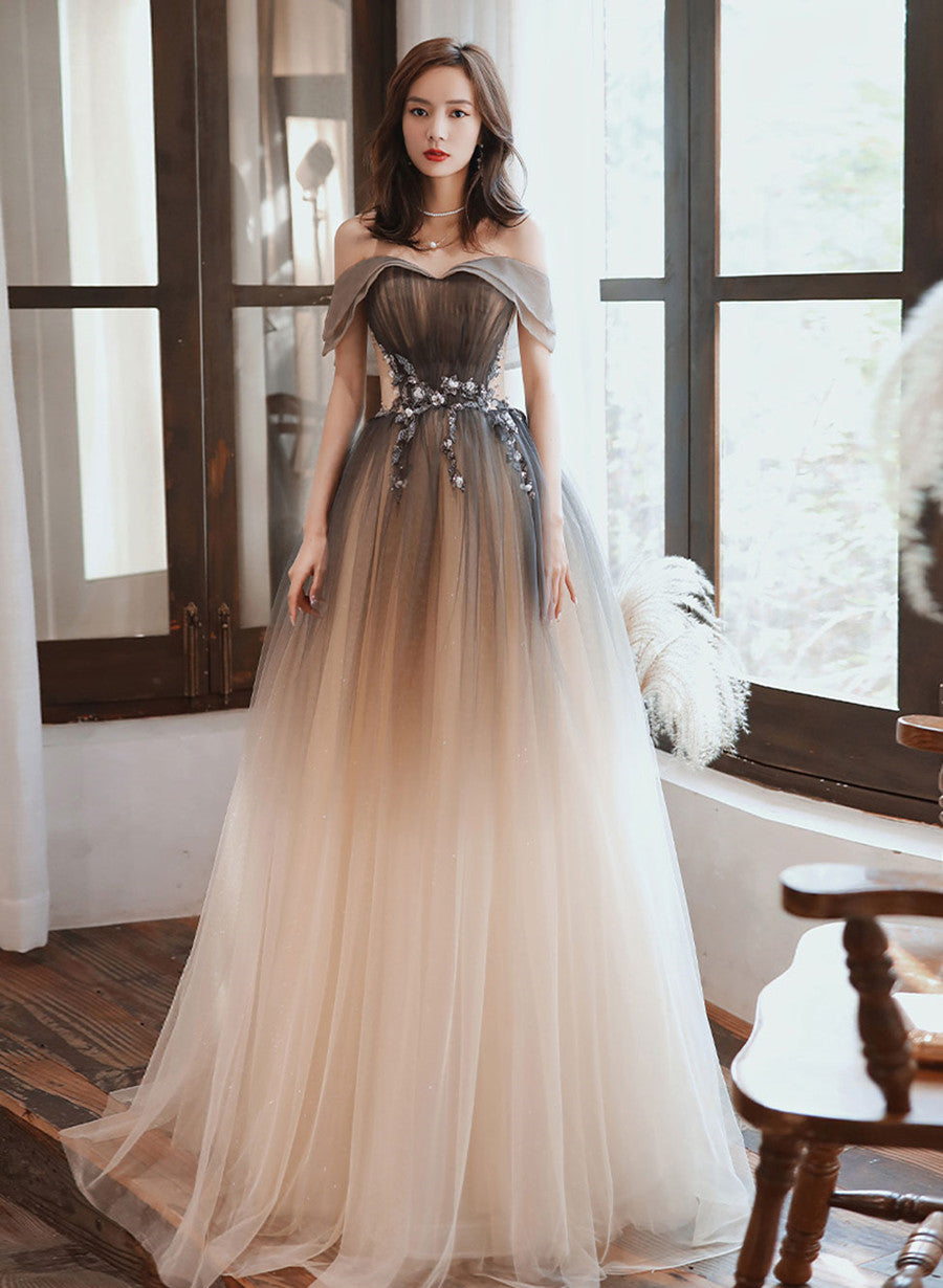 Gradient Tulle Lace Long Formal Dress, Off Shoulder A-line Prom Dress