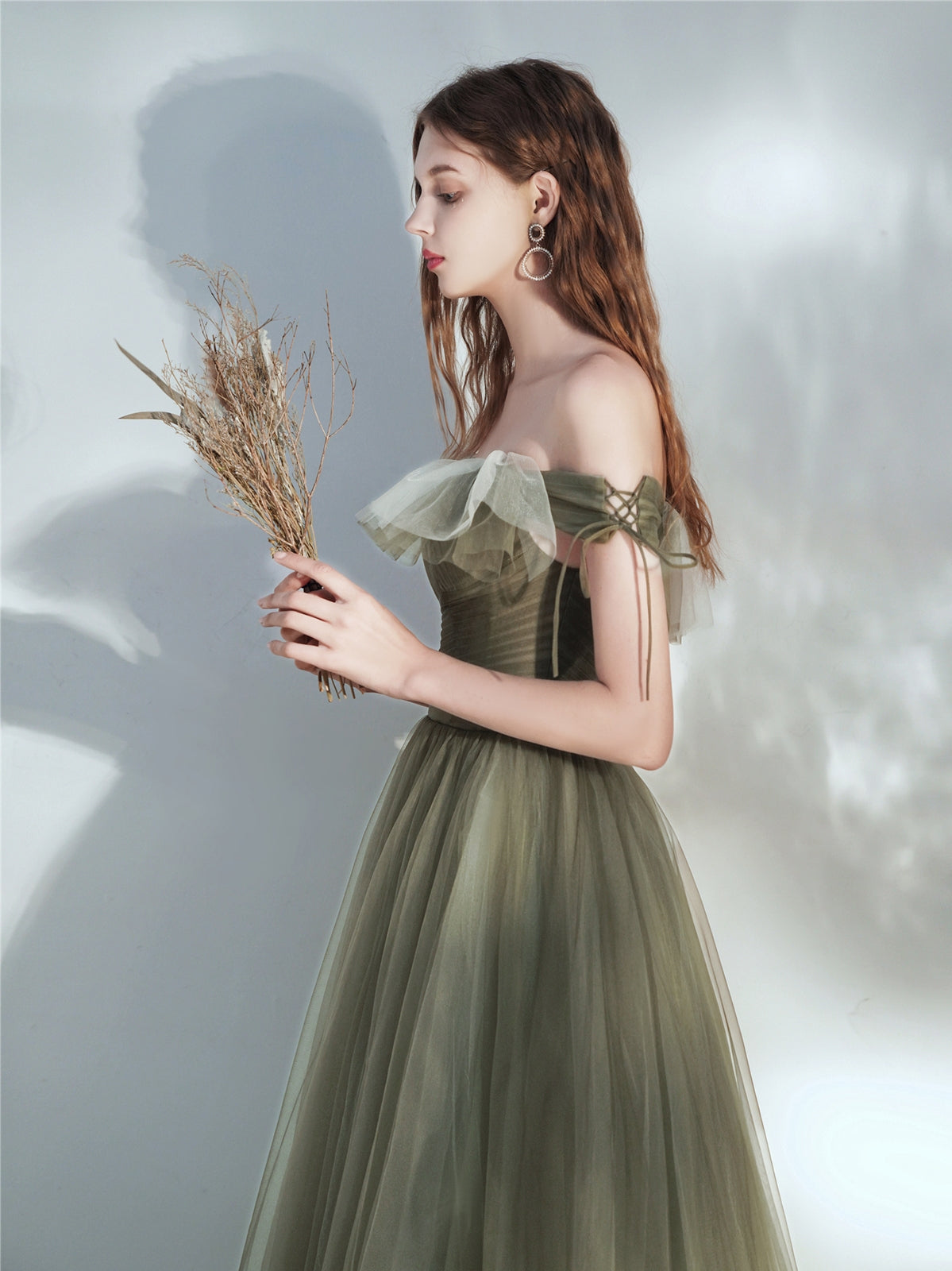 Green Off Shoulder A-line Long Evening Dress, Green Tulle Prom Dress