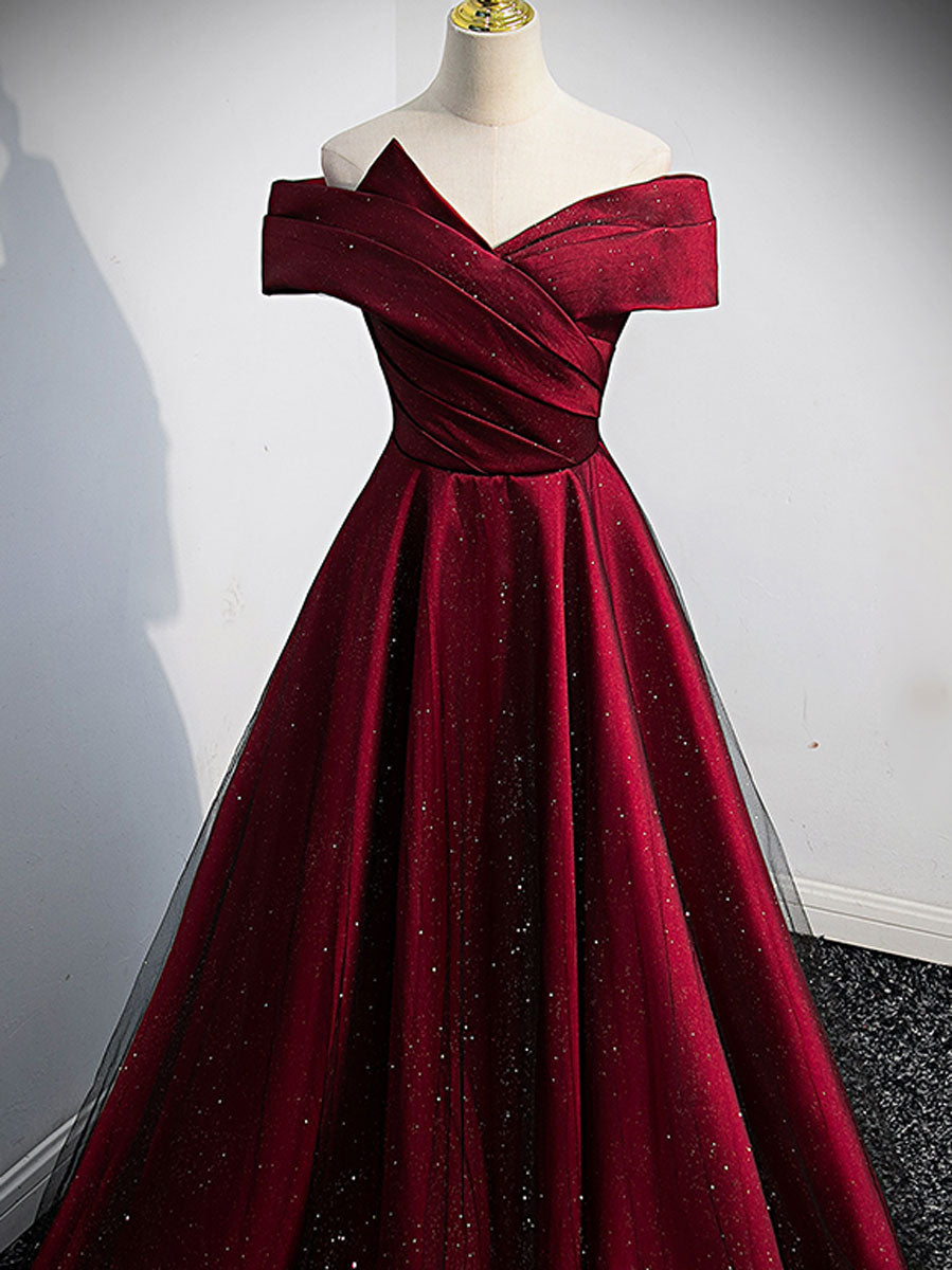 Wine Red and Black Satin Off Shoulder Prom Dress, A-line Long Party Dress