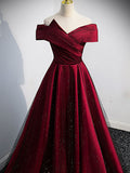 Wine Red and Black Satin Off Shoulder Prom Dress, A-line Long Party Dress